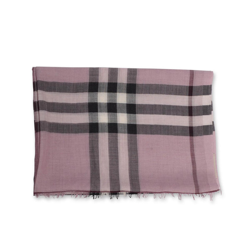 Burberry Pink Wool & Silk Check Fringed Scarf - Blue Spinach