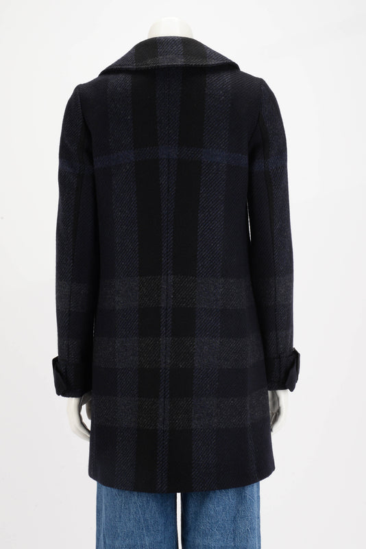 Burberry Charcoal & Navy Wool Check Coat UK 6 - Blue Spinach