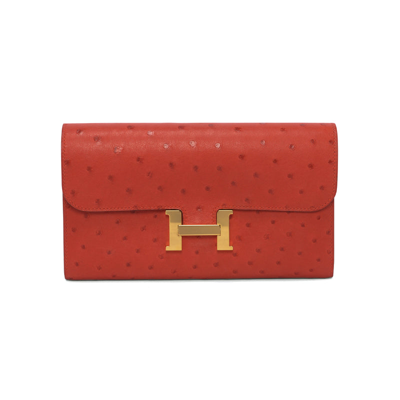 Hermes Rouge Vif Ostrich Constance Long Wallet - Blue Spinach