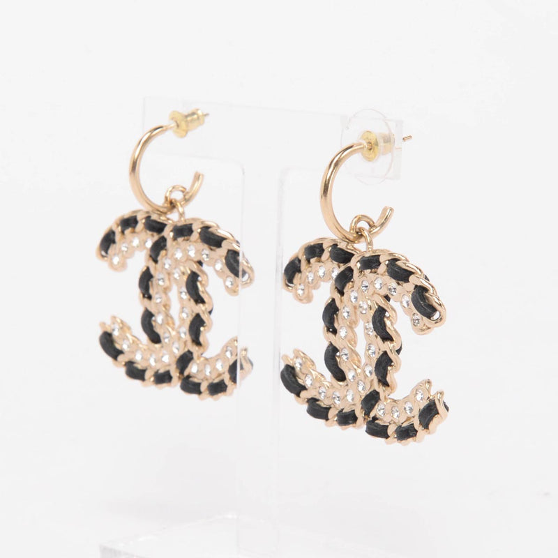 Chanel Black & Gold Crystal CC Drop Earrings - Blue Spinach