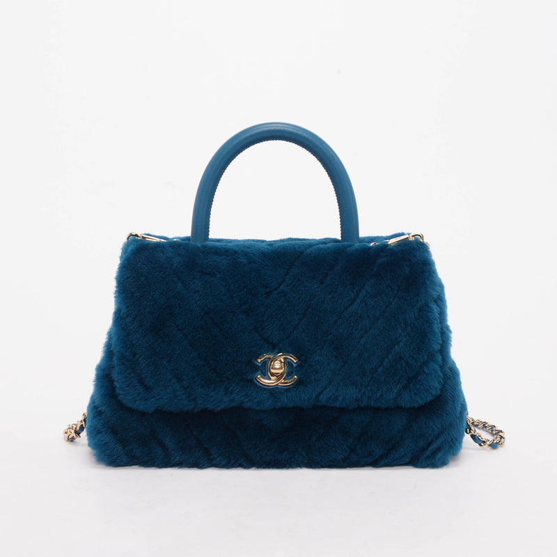 Chanel Teal Shearling Small Coco Handle Bag - Blue Spinach