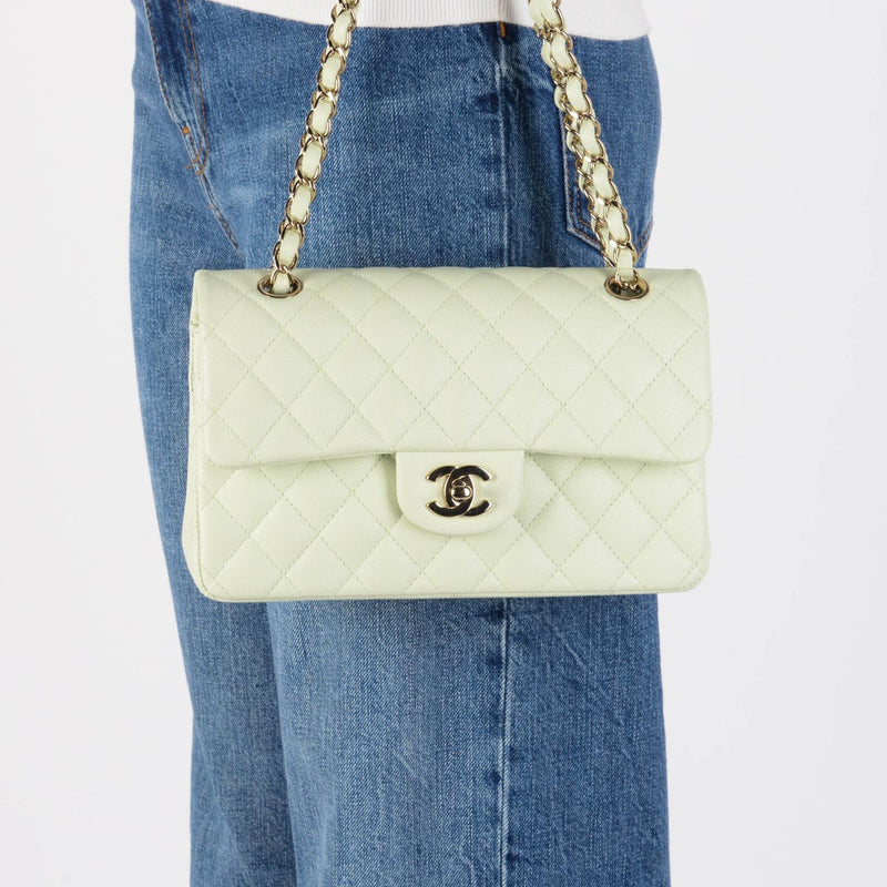 Chanel Mint Green Caviar Small Classic Double Flap Bag - Blue Spinach