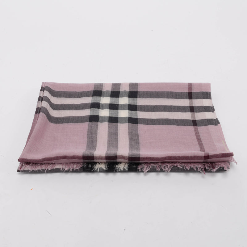 Burberry Pink Wool & Silk Check Fringed Scarf - Blue Spinach