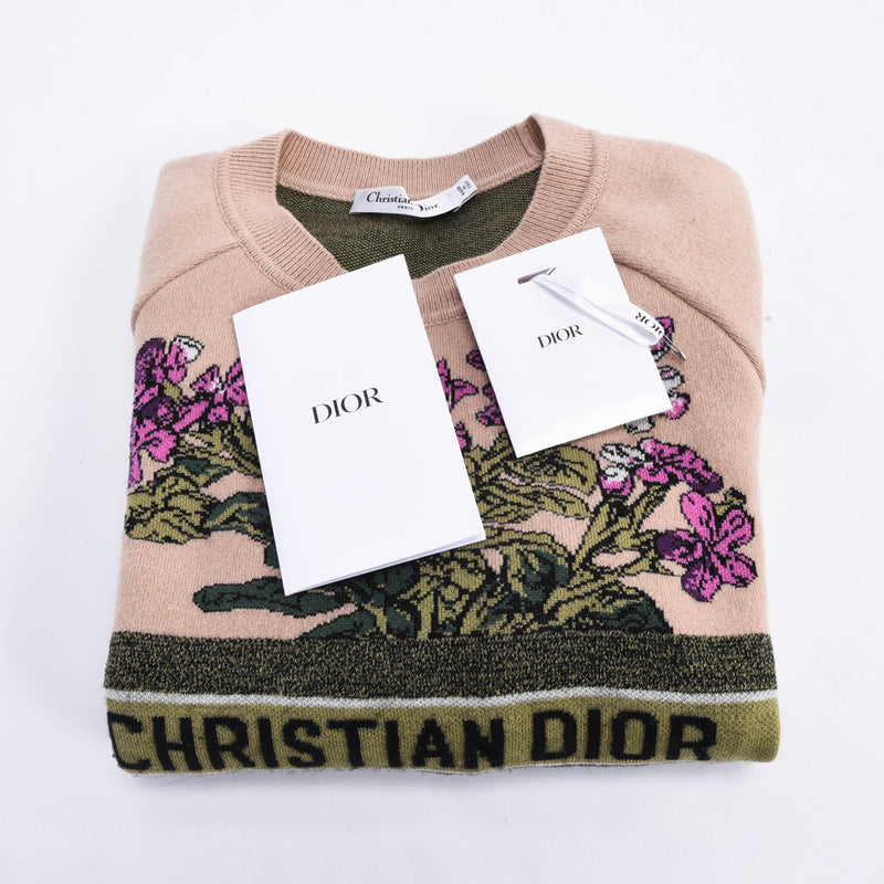 Dior Dusty Pink Cashmere Blend Fleurs Bibliques Sweater - Blue Spinach