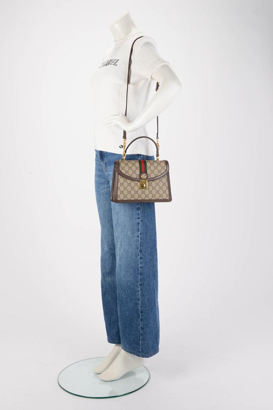 Gucci Beige GG Supreme Ophidia Small Top Handle Bag - Blue Spinach