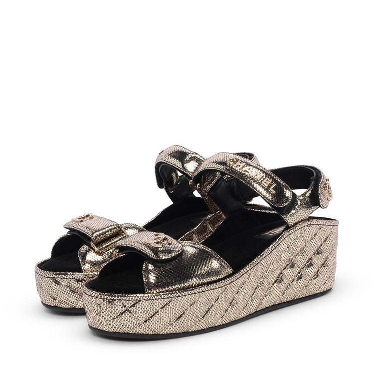 Chanel Pewter Embossed Leather Dad Sandal Wedges 40