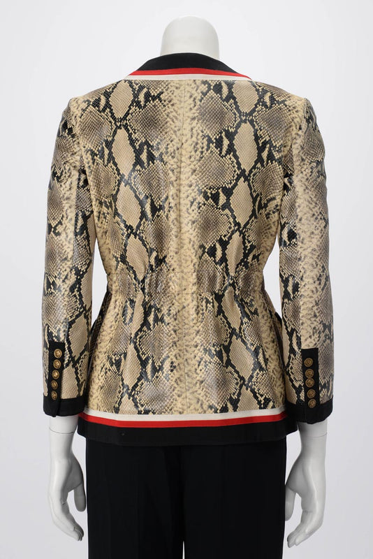 Gucci Beige Snake Effect Leather Web Trim Jacket IT 36 - Blue Spinach