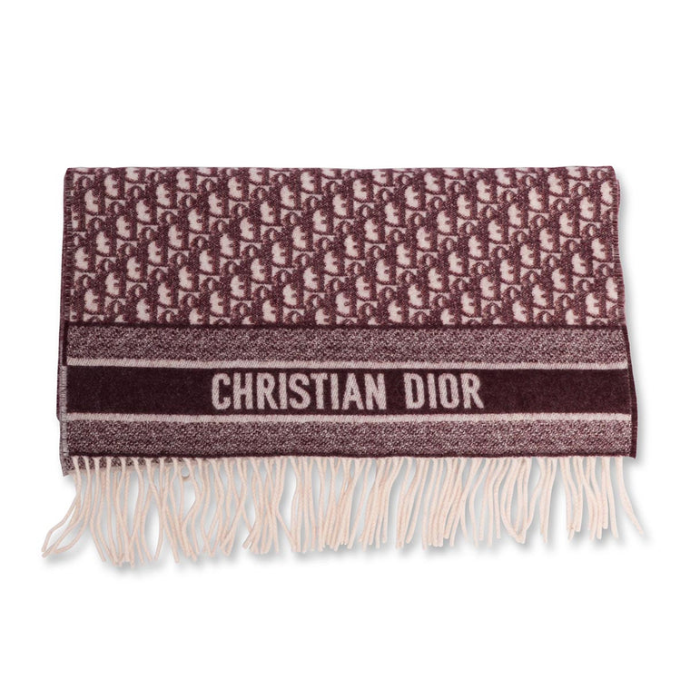 Dior Burgundy Cashmere Oblique Fringed Scarf