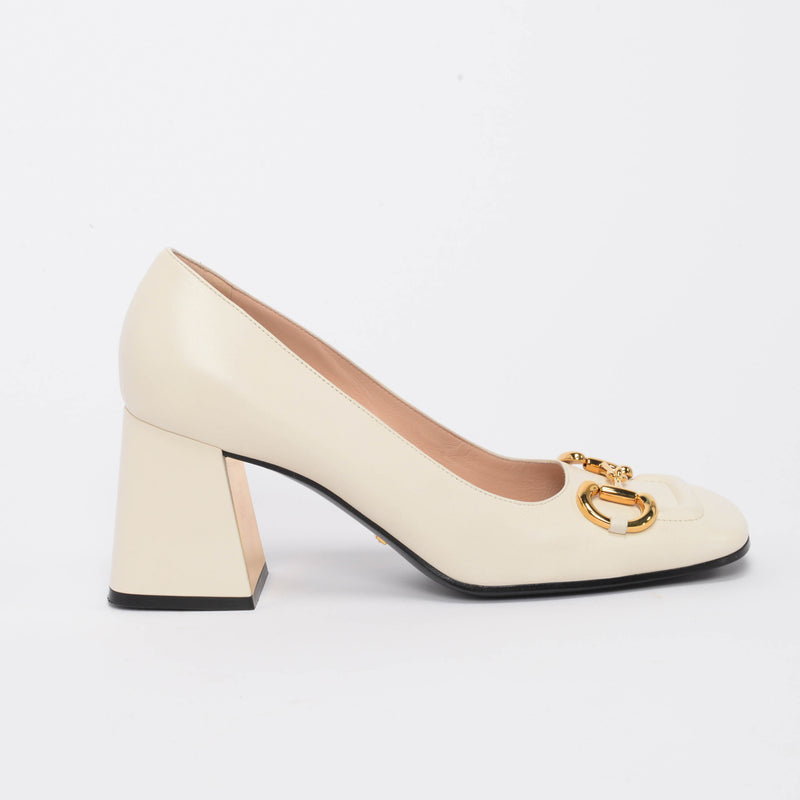 Gucci White Calfskin Horsebit Mid-Heel Pumps 40.5 - Blue Spinach