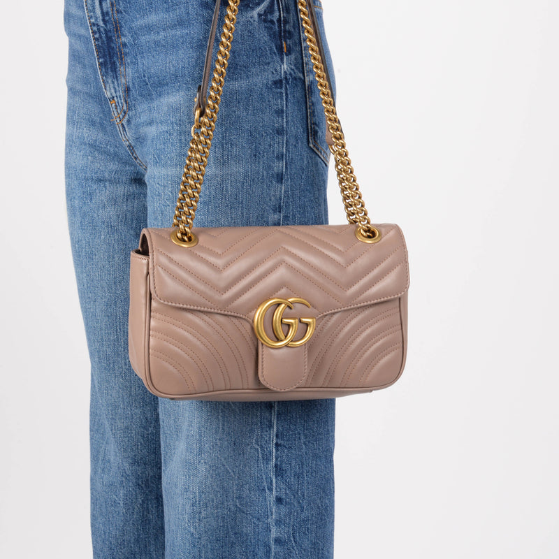 Gucci Dusty Pink Matelasse Small GG Marmont Bag - Blue Spinach