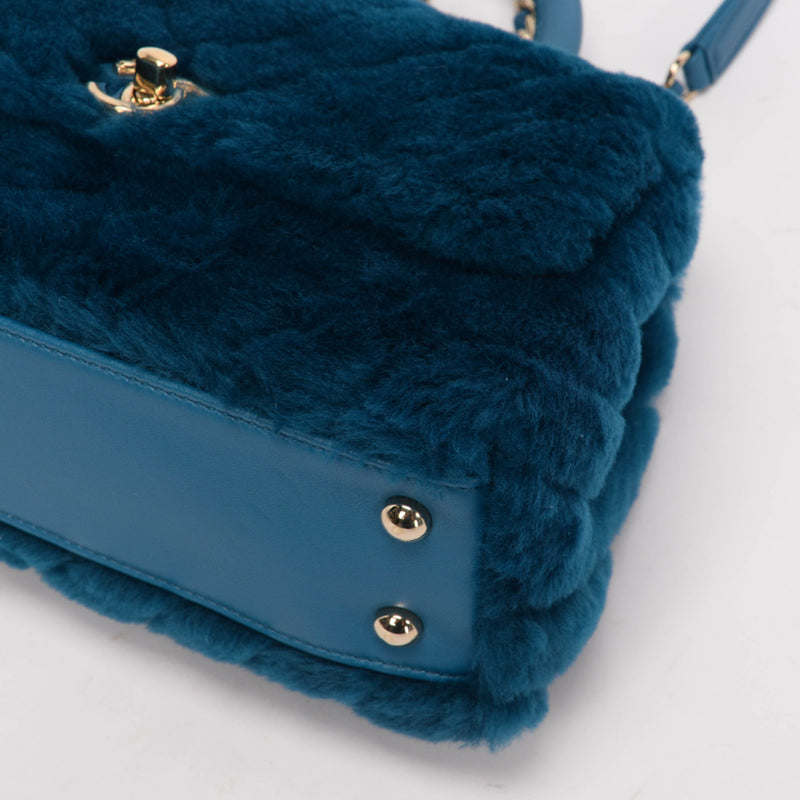 Chanel Teal Shearling Small Coco Handle Bag - Blue Spinach