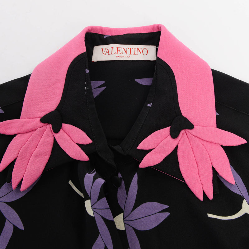 Valentino Black Silk Floral Print Blouse FR 40 - Blue Spinach