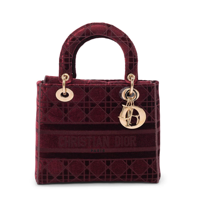 Dior Burgundy Cannage Velvet Medium Lady D-Lite Bag - Blue Spinach