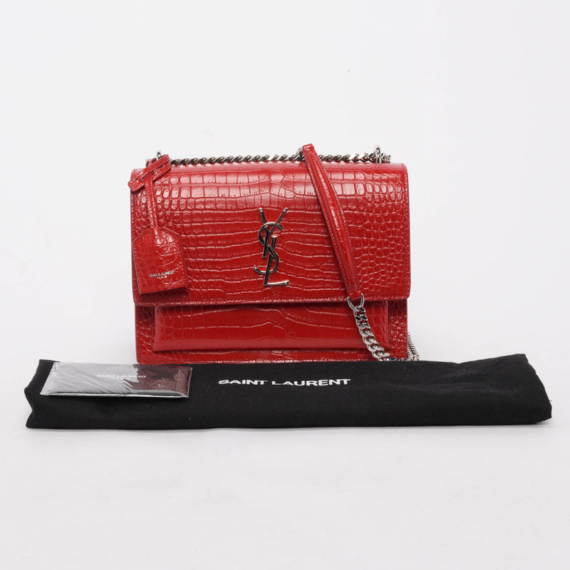 Saint Laurent Red Croc Embossed Medium Sunset Shoulder Bag - Blue Spinach