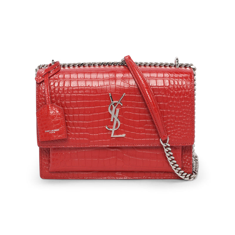 Saint Laurent Red Croc Embossed Medium Sunset Shoulder Bag - Blue Spinach