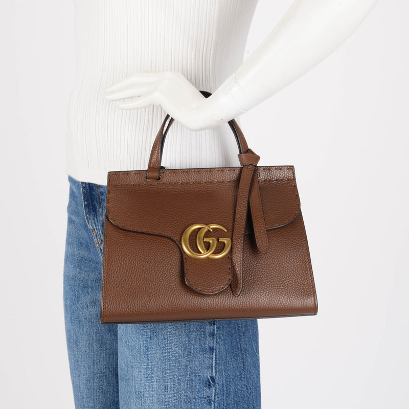 Gucci Brown Calfskin Mini GG Marmont Top Handle Bag - Blue Spinach