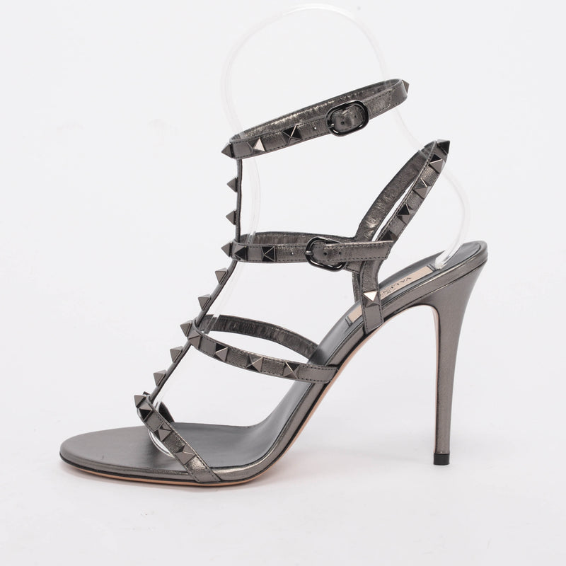 Valentino Gunmetal Metallic Leather Rockstud Cage Sandals 39.5 - Blue Spinach