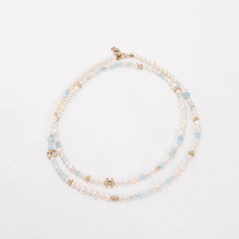 Chanel Aquamarine Crystal & Pearl Long Necklace - Blue Spinach