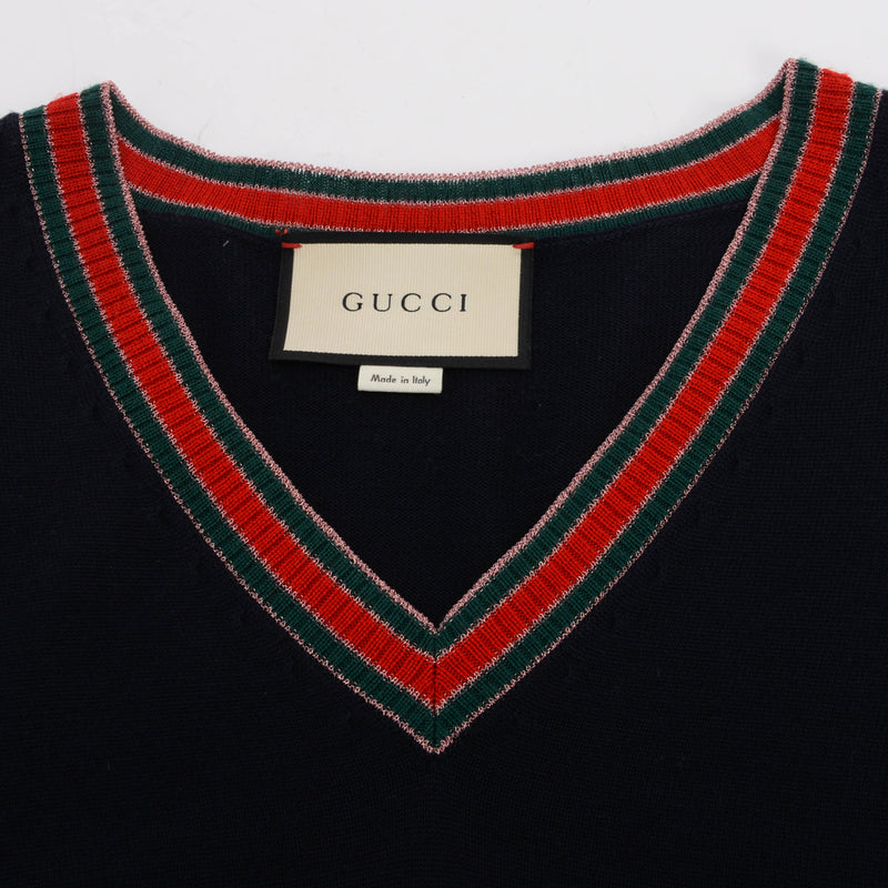 Gucci Navy Wool Web Detail Sweater S - Blue Spinach