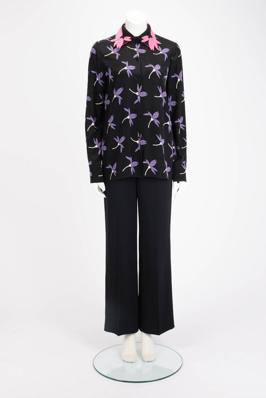 Valentino Black Silk Floral Print Blouse FR 40 - Blue Spinach