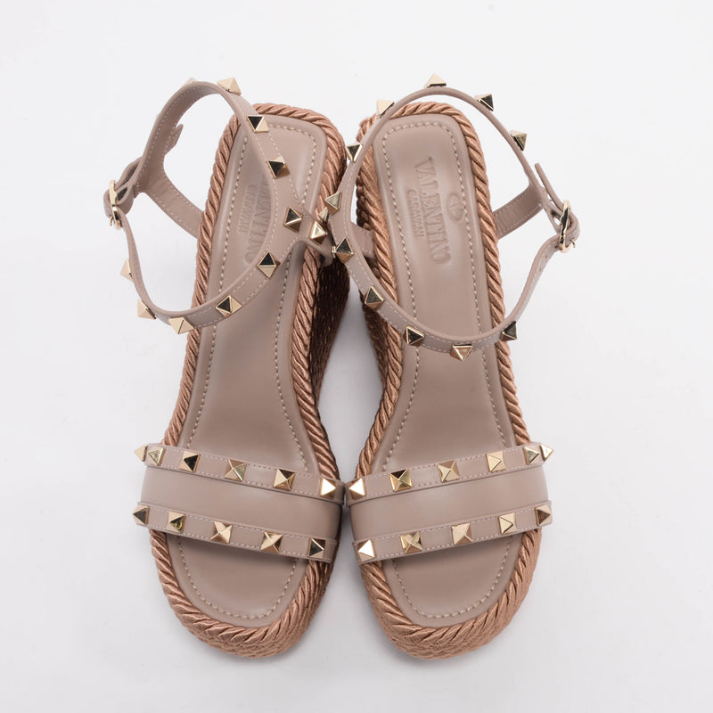 Valentino Poudre Satin Rope Rockstud Wedges 37 - Blue Spinach