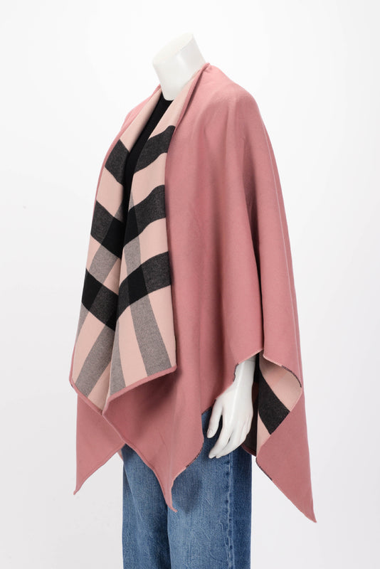 Burberry Pink Wool Reversible Check Poncho - Blue Spinach