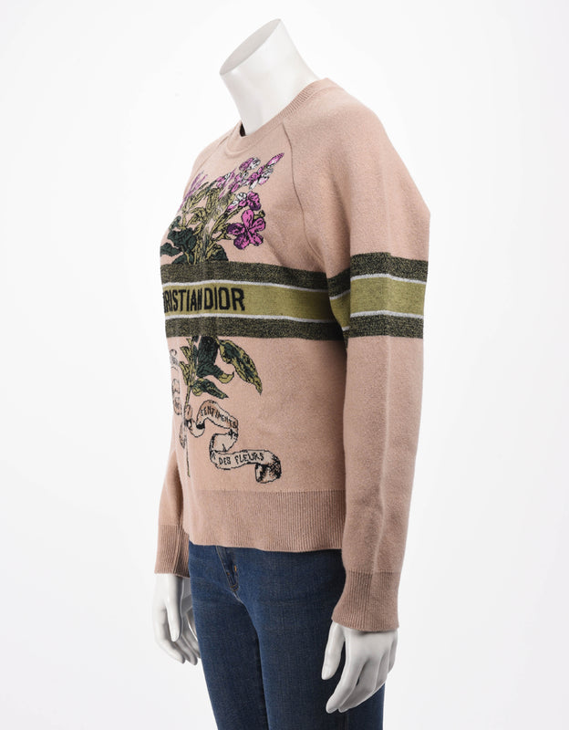 Dior Dusty Pink Cashmere Blend Fleurs Bibliques Sweater - Blue Spinach