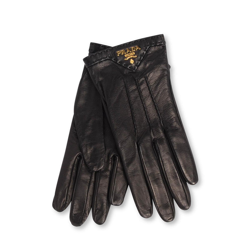 Prada Black Lambskin Logo Gloves - Blue Spinach