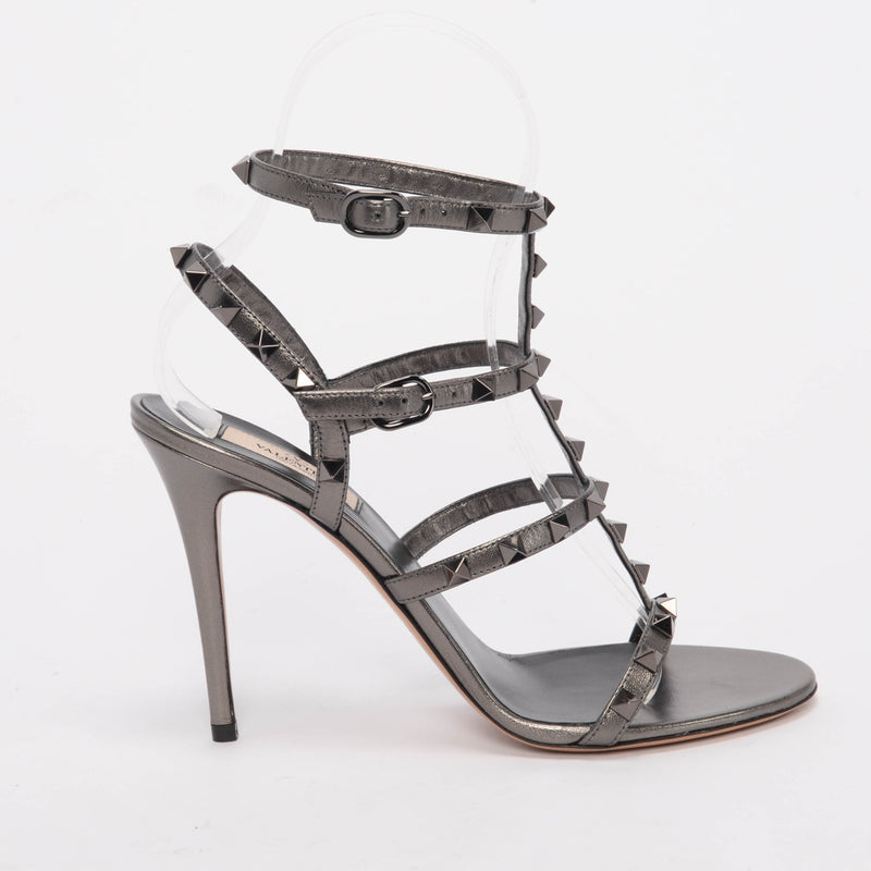 Valentino Gunmetal Metallic Leather Rockstud Cage Sandals 39.5 - Blue Spinach