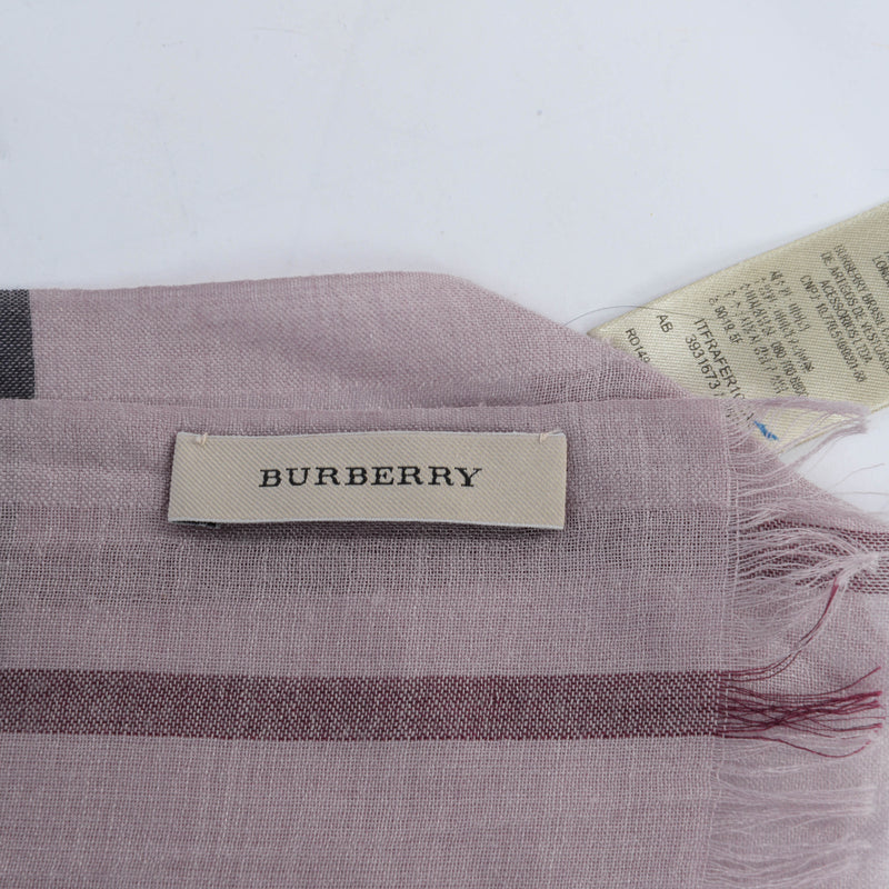 Burberry Pink Wool & Silk Check Fringed Scarf - Blue Spinach