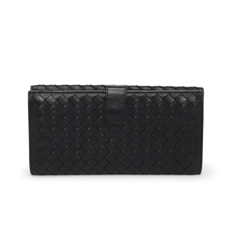 Bottega Veneta Black Intrecciato Bi-Fold Continental Wallet - Blue Spinach