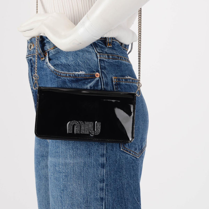 Miu Miu Black Patent Crystal Logo Clutch With Chain - Blue Spinach