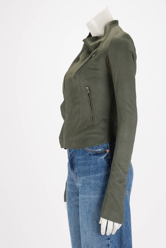 Rick Owens Khaki Leather Cropped Jacket XS - Blue Spinach