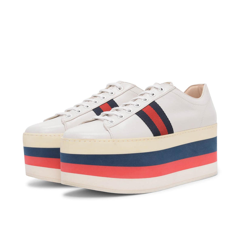 Gucci White Leather Peggy Platform Sneakers 39 - Blue Spinach