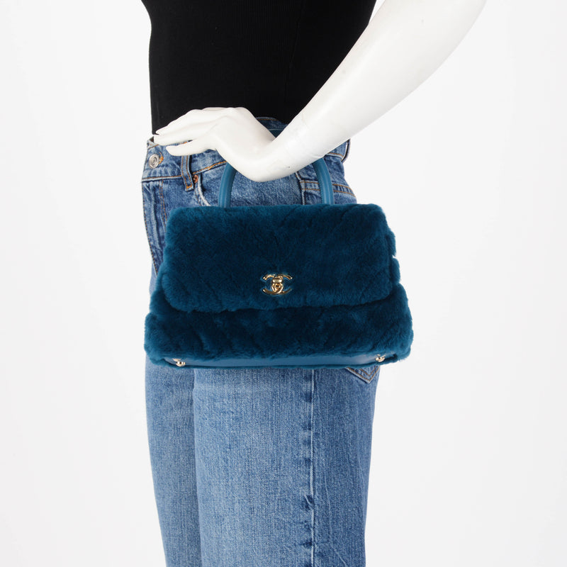 Chanel Teal Shearling Small Coco Handle Bag - Blue Spinach