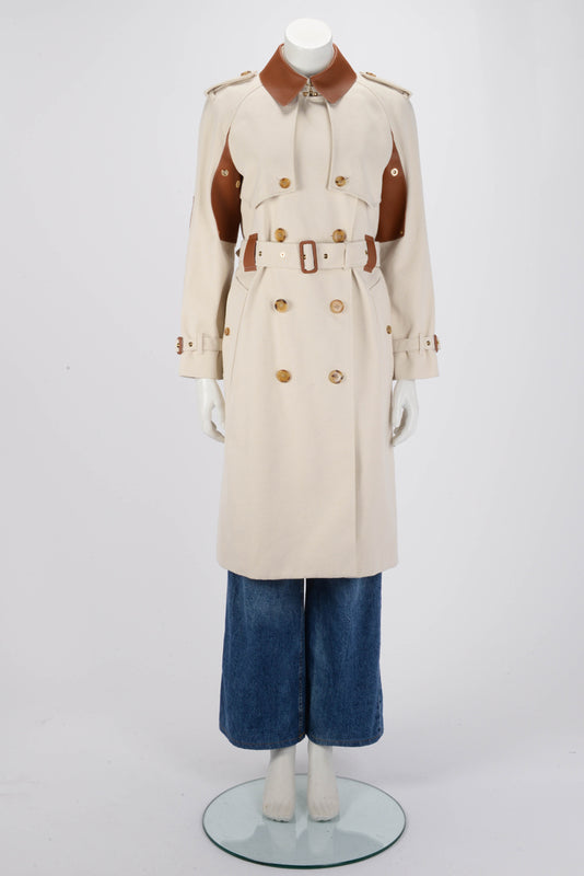 Burberry Ecru & Tan Canvas Leather Detail Trench Coat UK6 - Blue Spinach