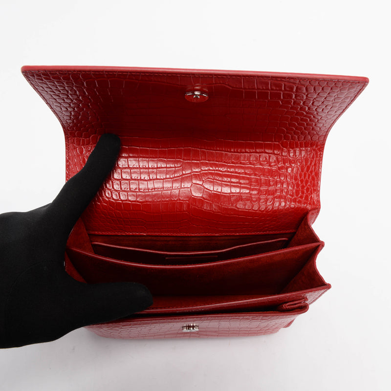 Saint Laurent Red Croc Embossed Medium Sunset Shoulder Bag - Blue Spinach