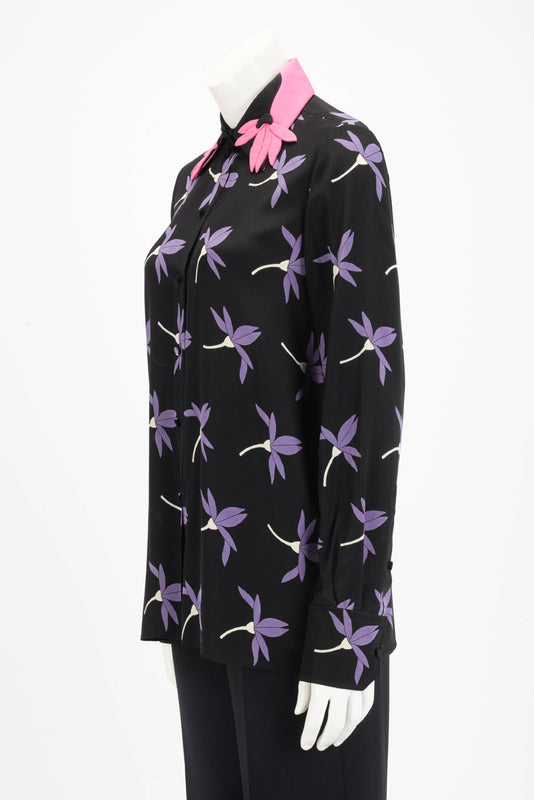 Valentino Black Silk Floral Print Blouse FR 40 - Blue Spinach