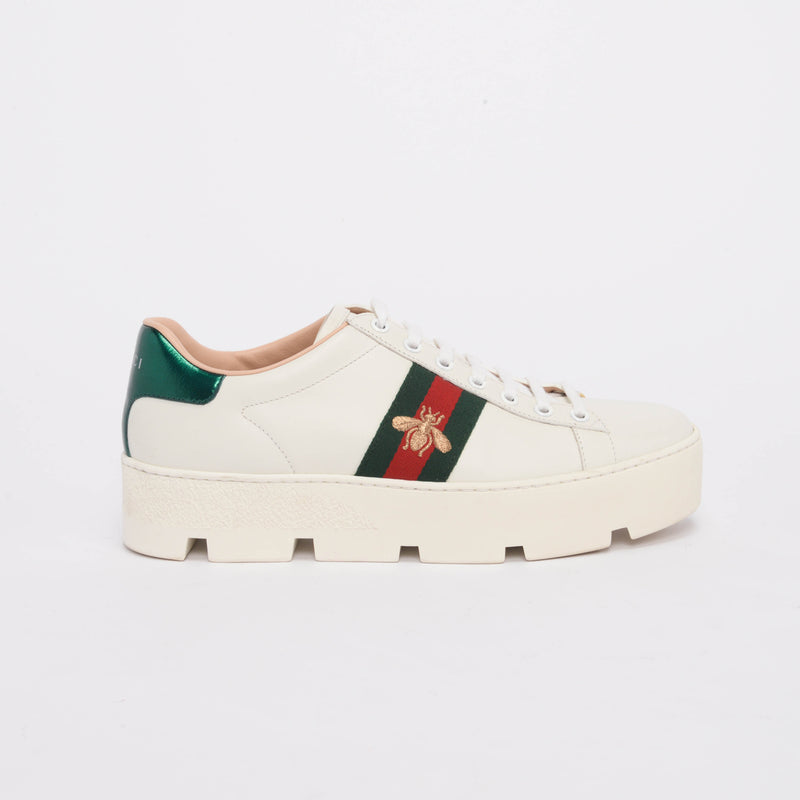 Gucci White Leather Ace Embroidered Platform Sneakers 39.5 - Blue Spinach