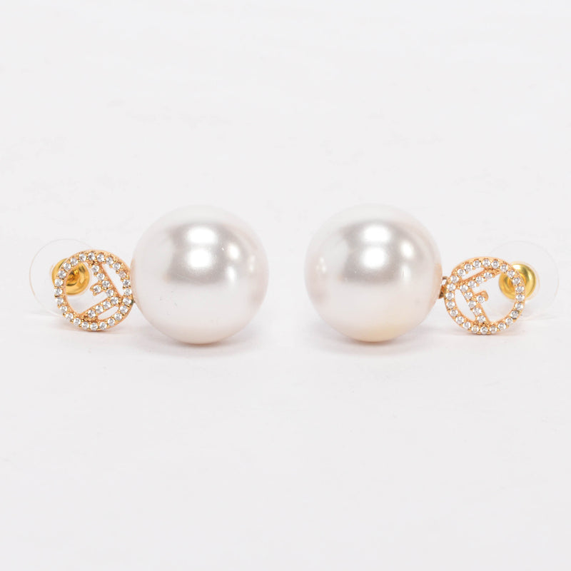 Fendi Gold Tone Crystal & Pearl F is Fendi Drop Earrings - Blue Spinach