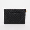 Chanel Black Chevron Caviar Large O Case Pouch - Blue Spinach