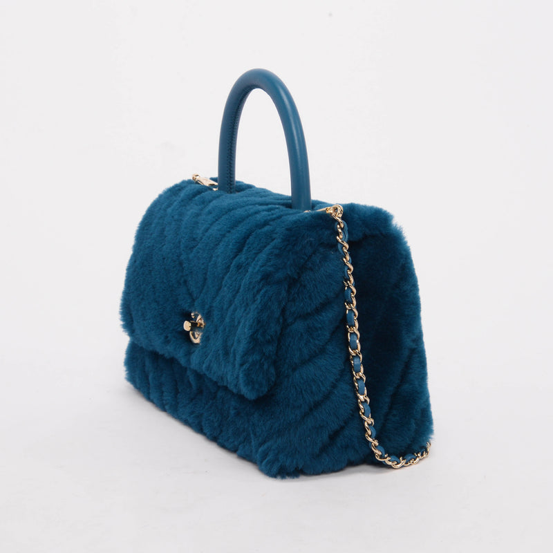 Chanel Teal Shearling Small Coco Handle Bag - Blue Spinach