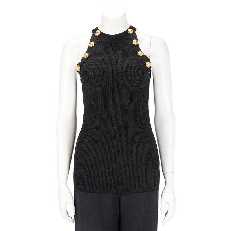 Balmain Black Ribbed Knit Halter Neck Top FR 44 - Blue Spinach