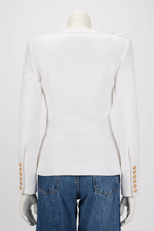 Balmain White Viscose Weave Epaulette Blazer FR 36 - Blue Spinach