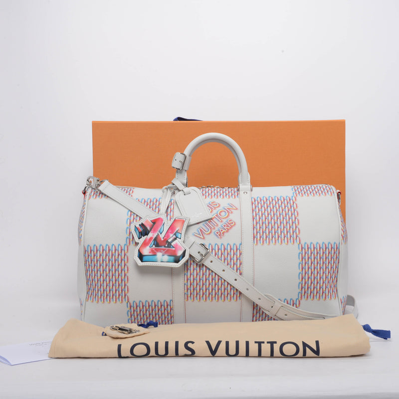 Louis Vuitton White Spray Damier Keepall Bandouliere 50 - Blue Spinach