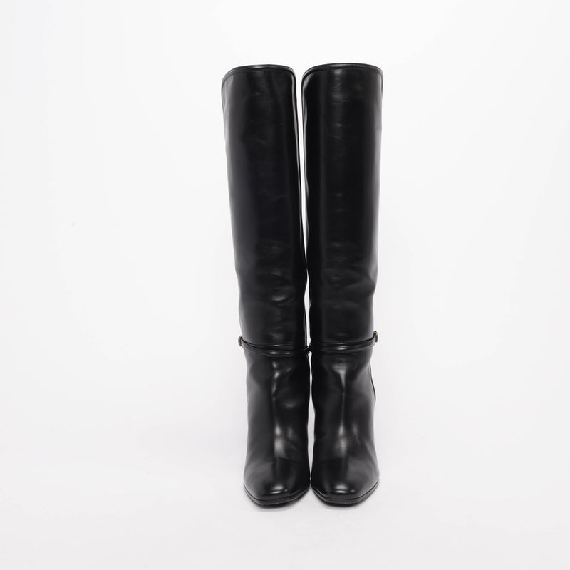 Saint Laurent Black Polished Leather Jane Buckle Boots 39.5 - Blue Spinach