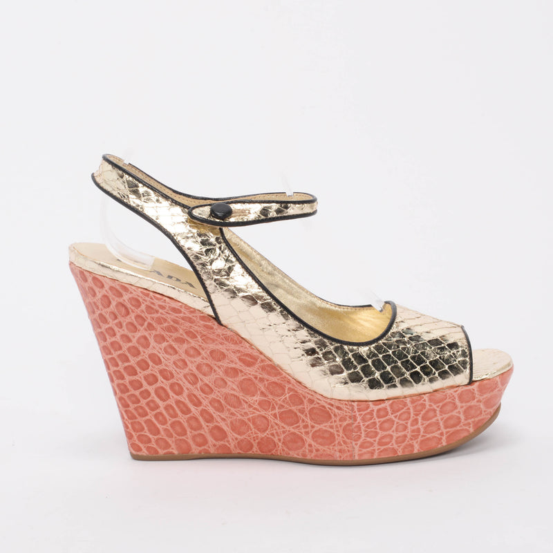 Prada Pink & Gold Metallic Snake & Croc Wedges 38.5 - Blue Spinach