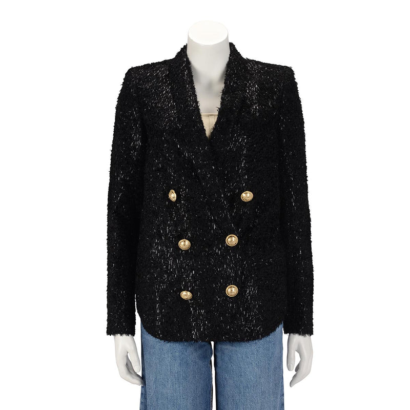 Balmain Black Fringed Lame Double Breasted Blazer FR 34 - Blue Spinach