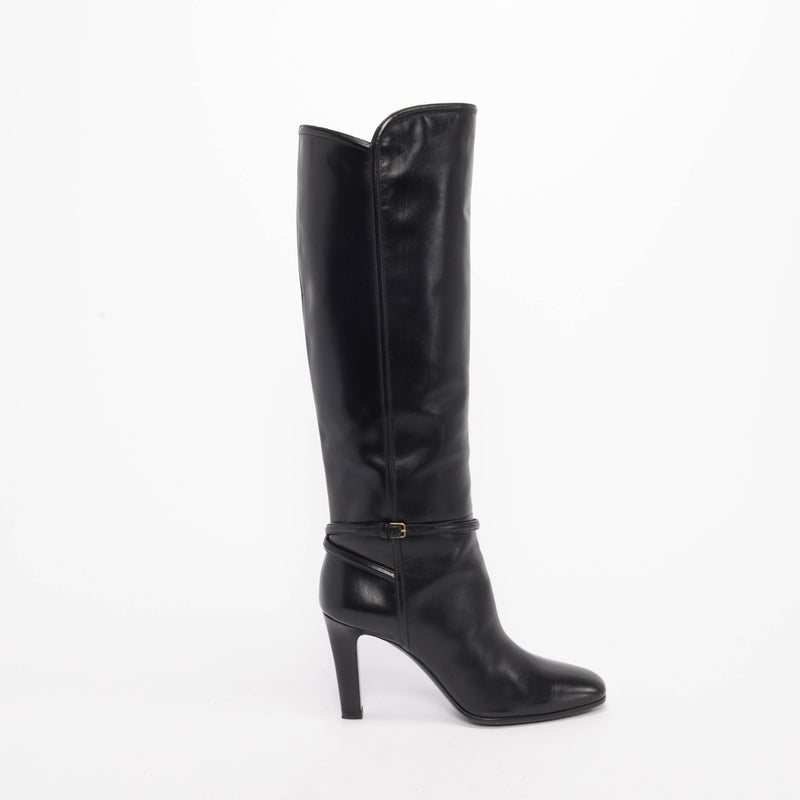 Saint Laurent Black Polished Leather Jane Buckle Boots 39.5 - Blue Spinach