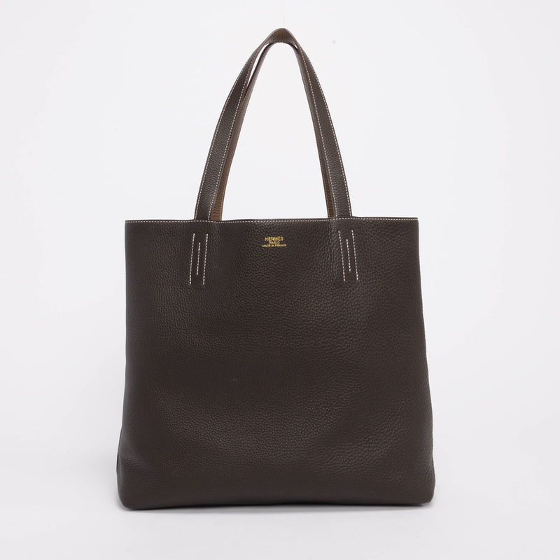 Hermes Etoupe & Chocolate Clemence Double Sens 36 Tote - Blue Spinach